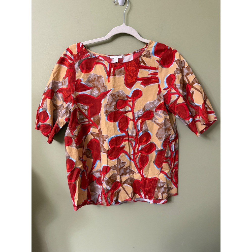 COS Red Tan Floral Cotton Stretch Blouse Top US 8 Boho Peasant Modest Church